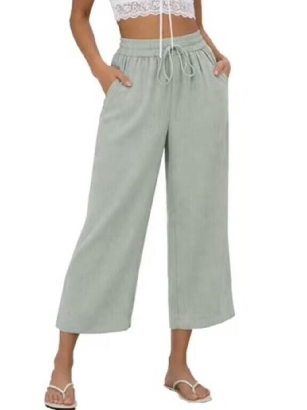 TEMOFON Capri Pants for Women Summer Wide Leg Linen Pants Comfy Waisted Drawstri